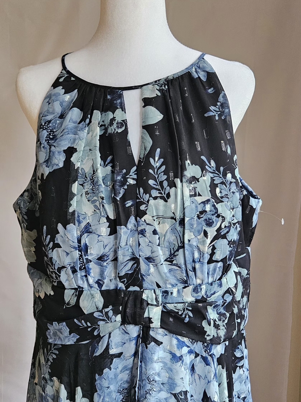 NWOT R&M Richards Floral Maxi Dress Size 16 Blue Metallic Halter Neck - Picture 3 of 16